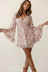 Perri Bell Sleeve Twist Knot Bust Dress Paisley Print Beige