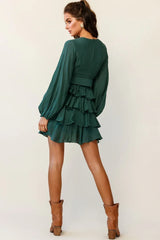 Queensland Balloon Sleeve Tiered Frill Belt Dress Green