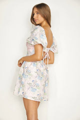 Lovers Lane Lace Trim Puff Sleeve Dress Floral Pink