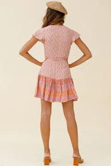 Mayan Angel Sleeve Waist Tie Wrap Dress Floral Print Beige/Pink