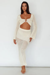 Serenity Sky Long Sleeve Crochet Crop Top Milk