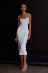 Goodnight Kiss Strappy Back Embellished Midi Dress Ivory